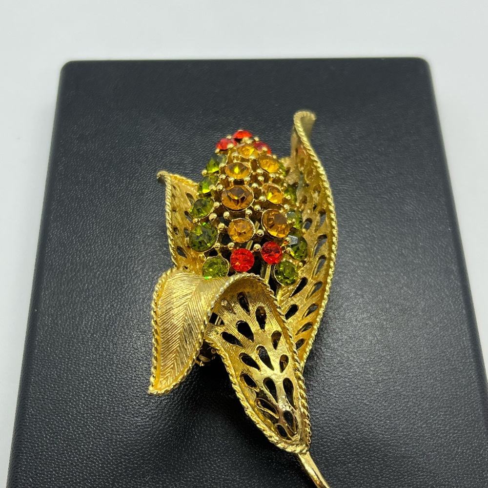 Unsigned Lisner Multi Colored Rhinestone Gold Ton… - image 3